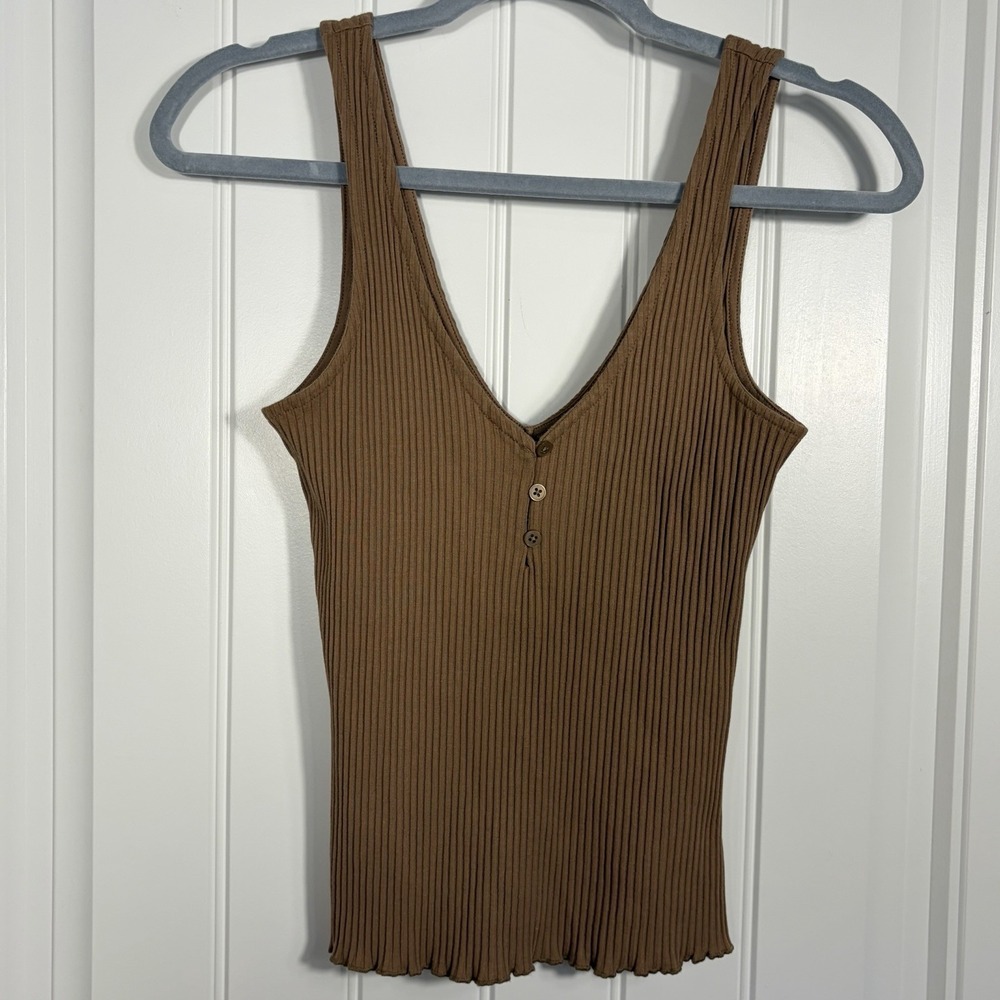 H&M Brown Ribbed Knit Henley Tank Top Sleeveless V Neck Stretch Size M
